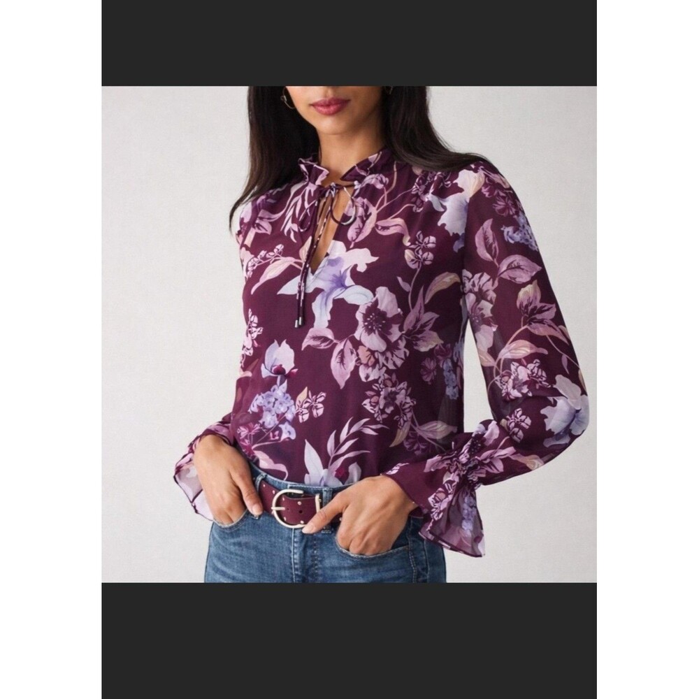White House Black Market Burgundy Floral Chiffon Sheer V-Neck Blouse S